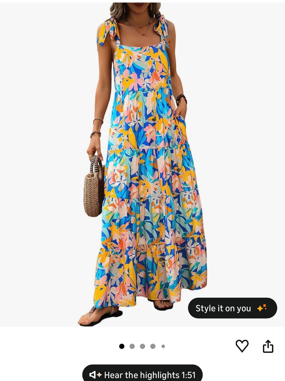 Amazon Blue Yellow Multi Floral Tie-Shoulder Maxi Dress